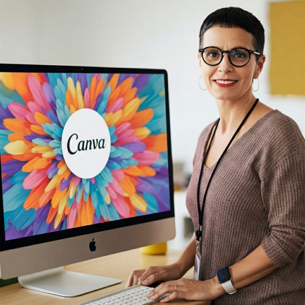 Docente che utilizza canva su un Mac (IA gen)