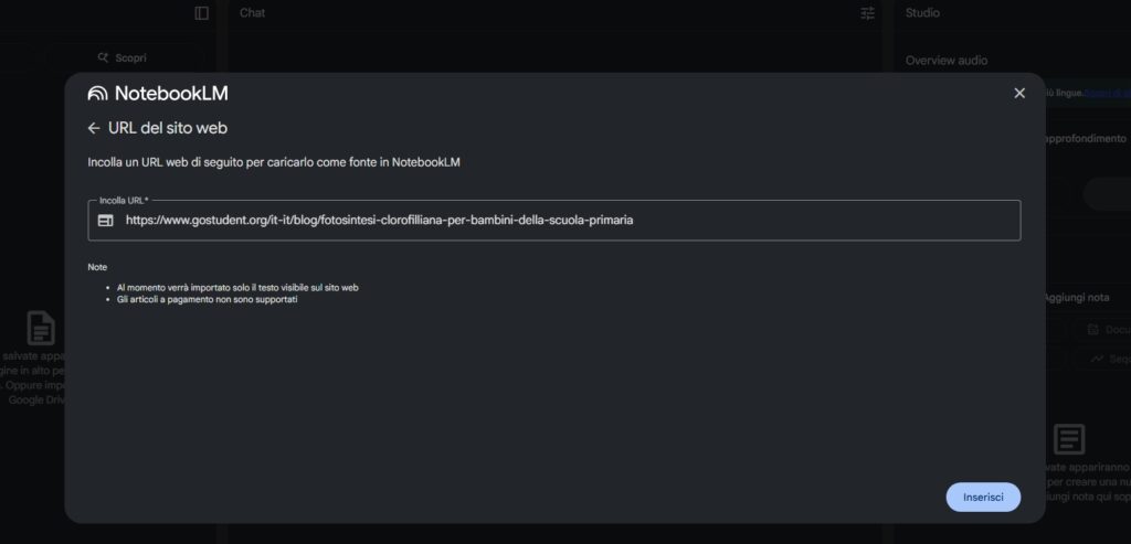 NotebookLM, schermata in cui puoi inserire l'URL di interesse